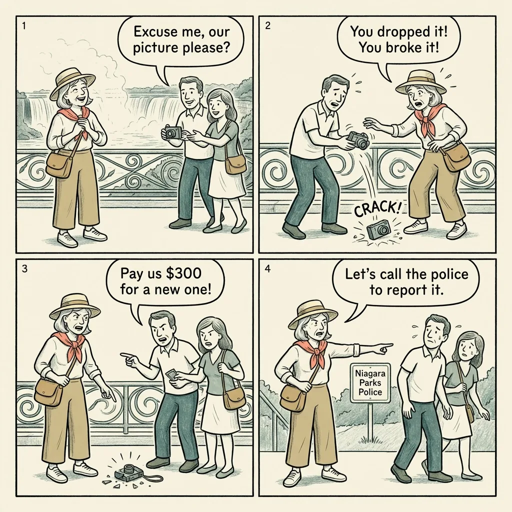 The Camera Drop Shakedown — comic illustration