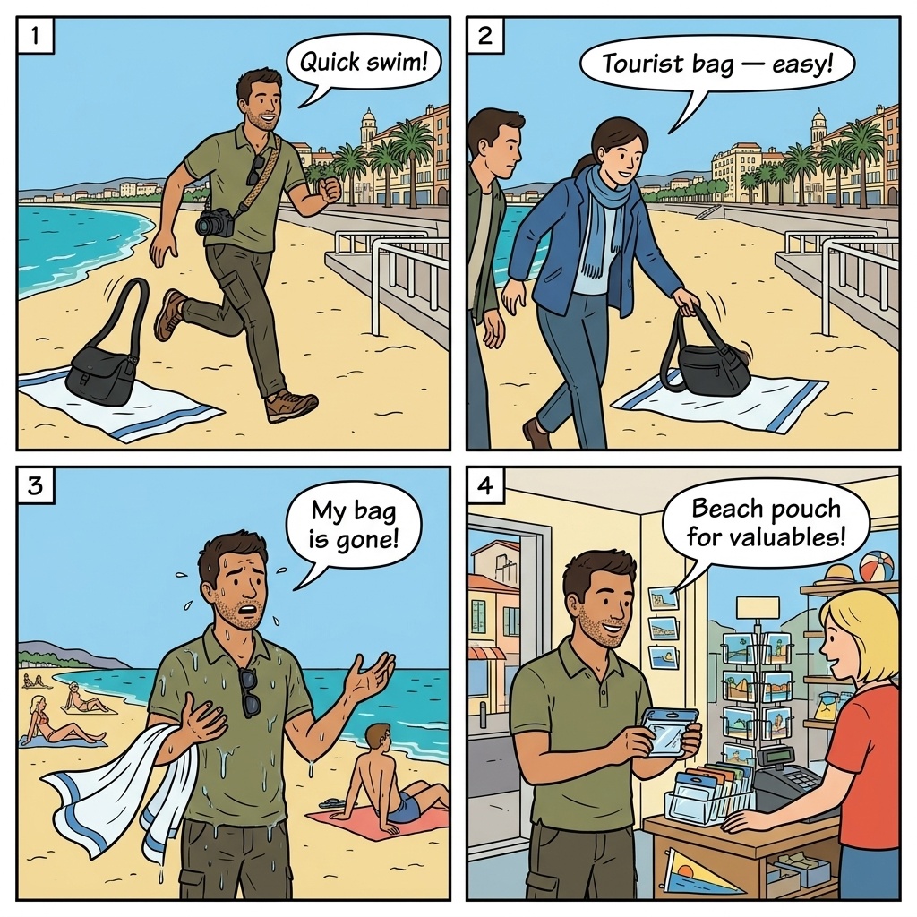 Beach Grab / Swim-and-Steal — comic illustration