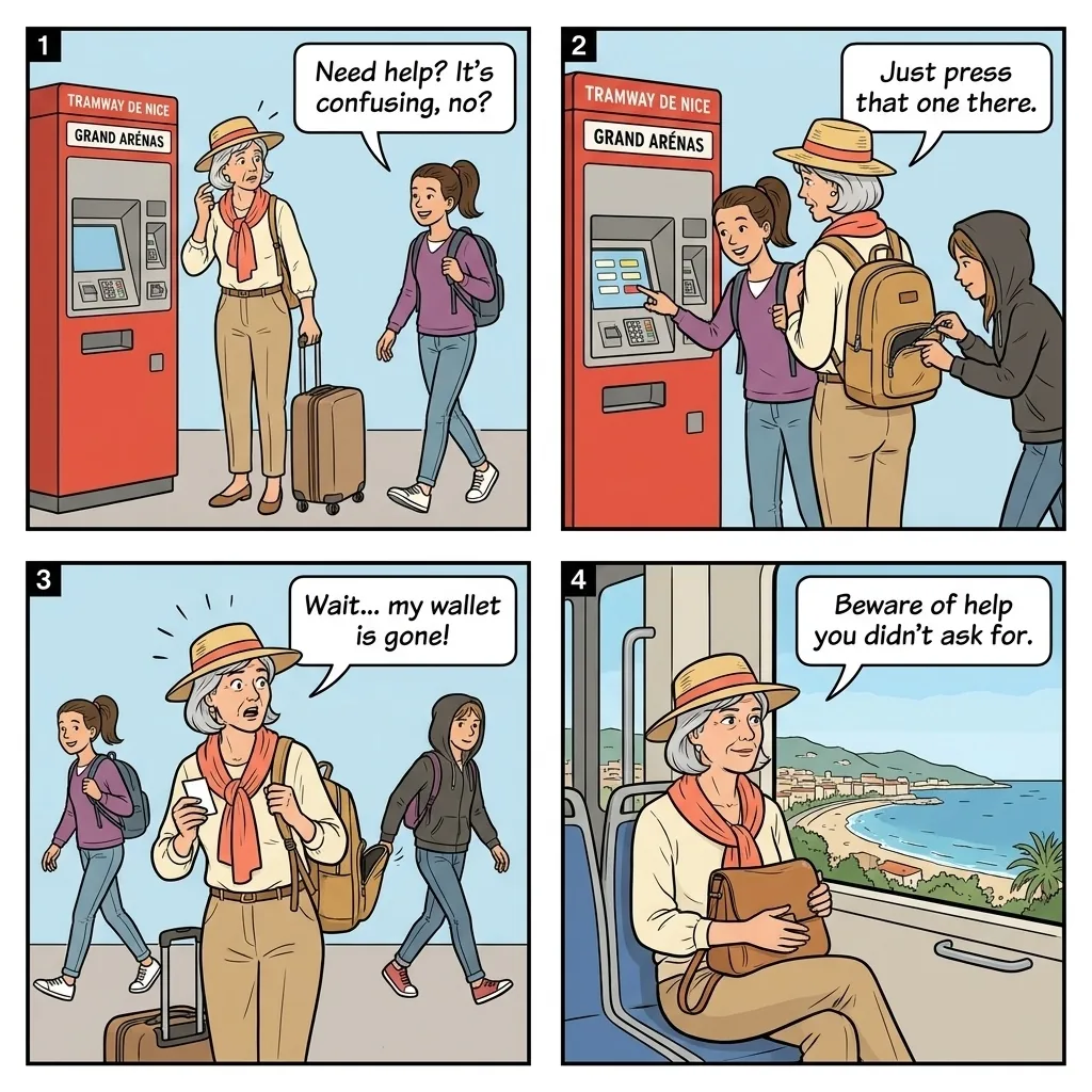 Grand Arenas Tram Stop Pickpocket — comic illustration