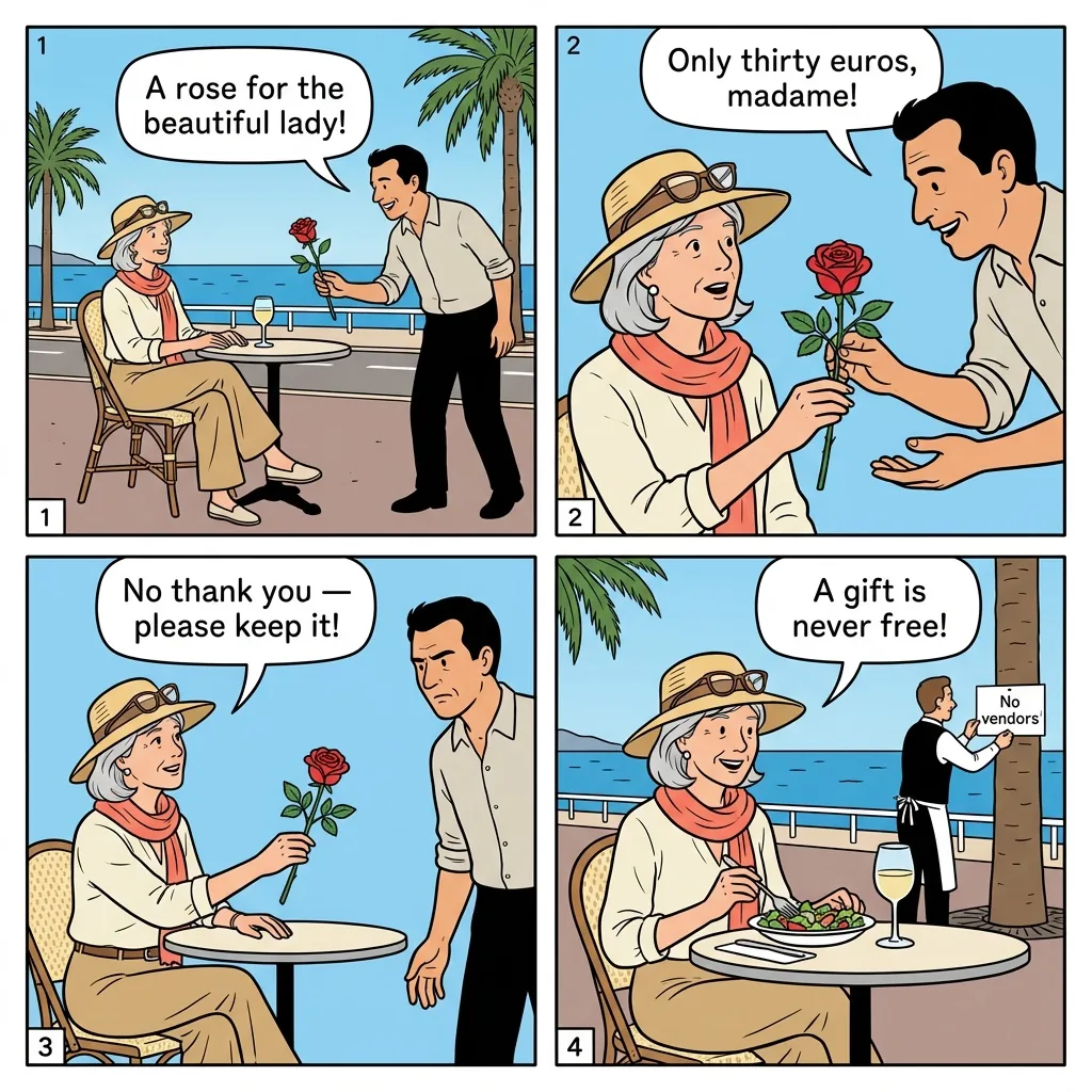 Rose / Flower Seller Scam — comic illustration