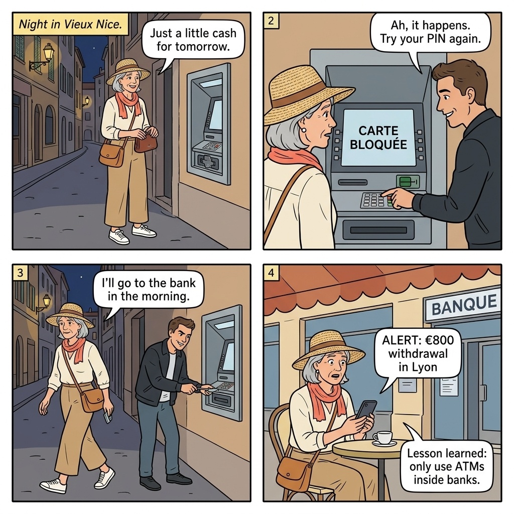 Nice Promenade des Anglais ATM skimming comic, tourist at a beachfront standalone ATM with palm trees and the Mediterranean visible in the background