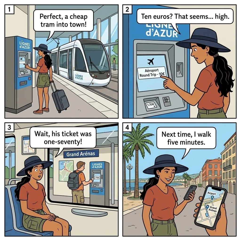 Airport Tram Ticket Overcharge — comic illustration