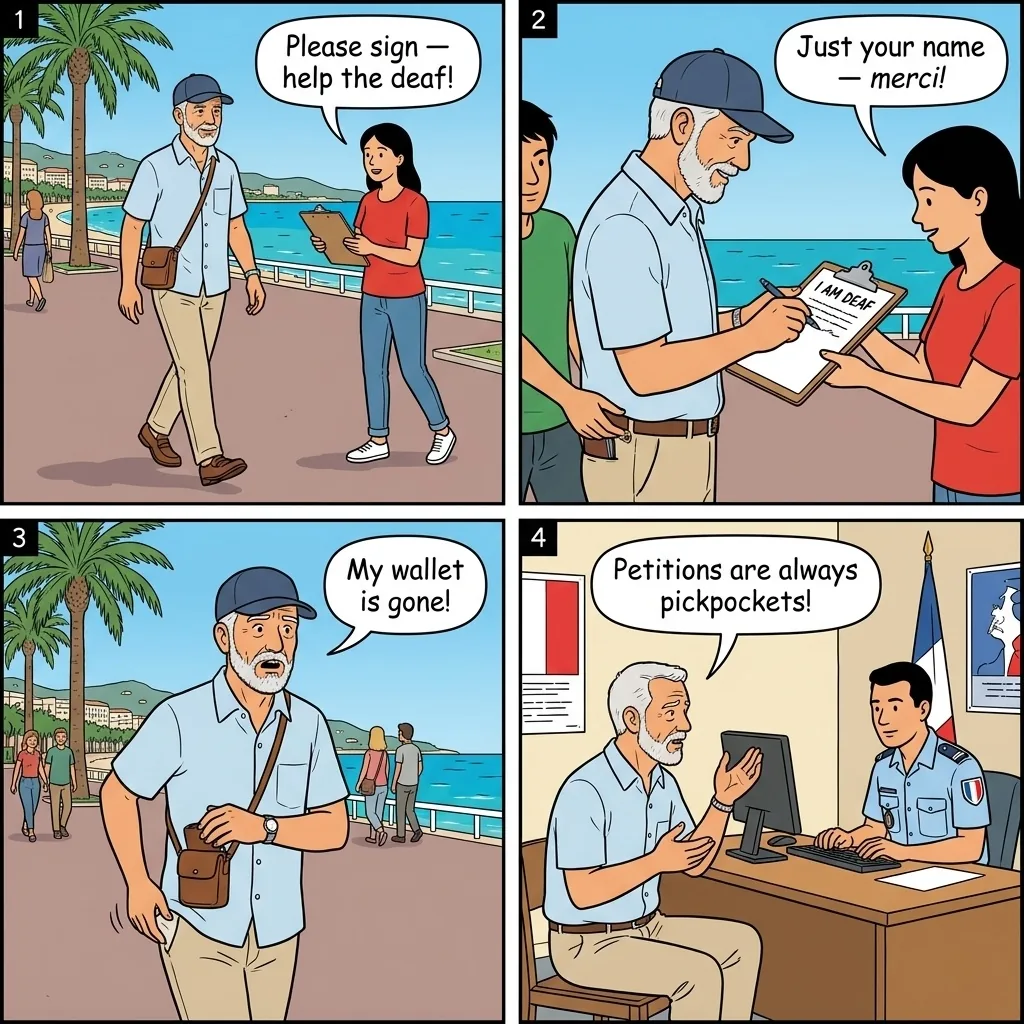 Petition / Deaf Charity Scam — comic illustration