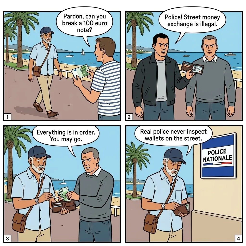 Fake Police Scam — comic illustration