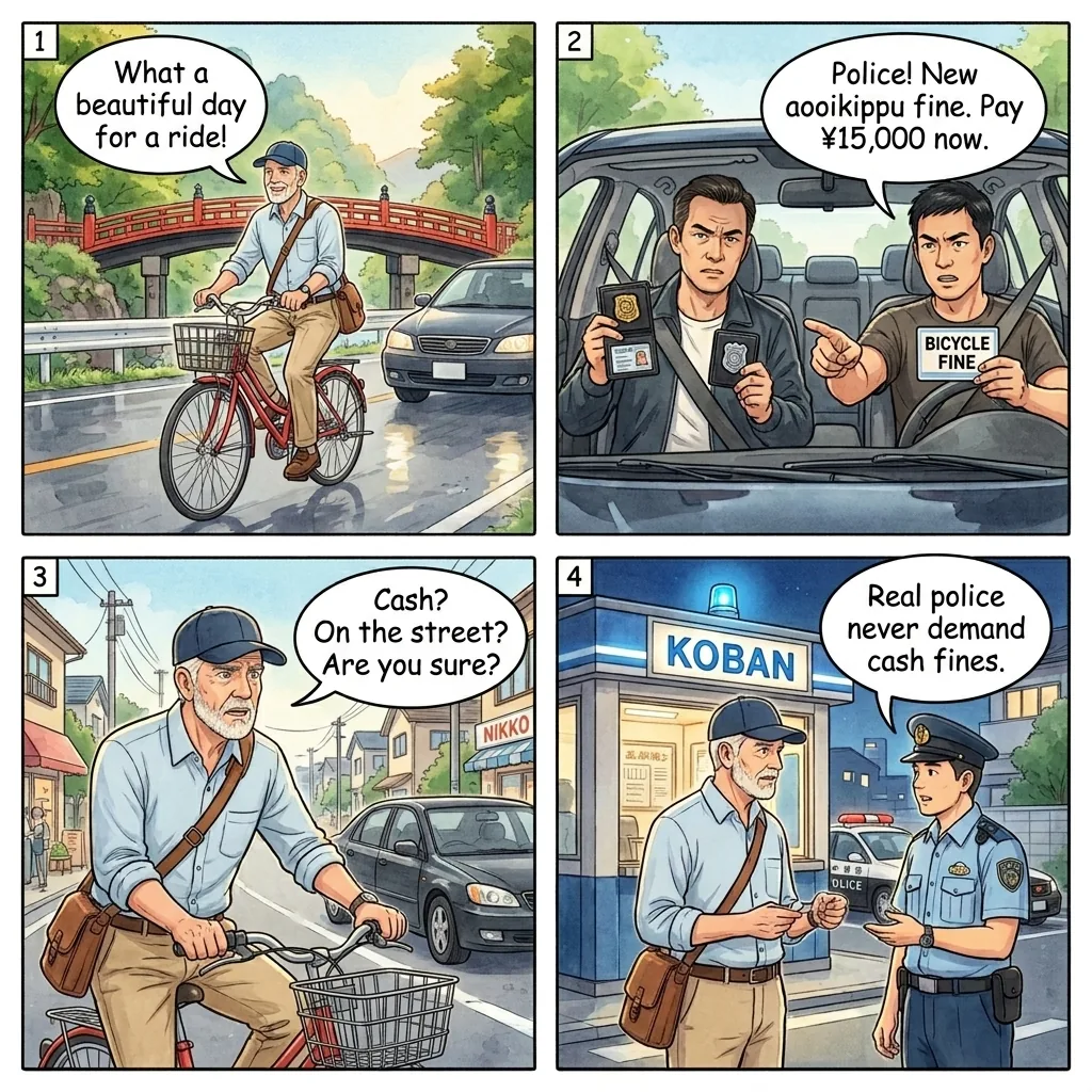 Fake Police Blue-Ticket Bike Shakedown — comic illustration