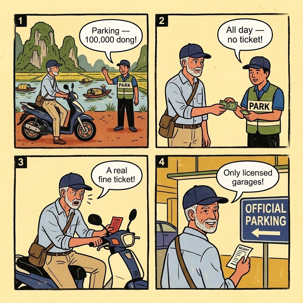 Trang An / Tam Coc Fake Parking & 'Entry Fee' Scam — comic illustration