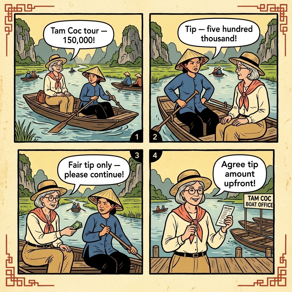 Tam Coc Sampan Rower Tip Demand & Mid-River Pressure — comic illustration