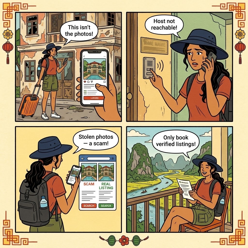 Ninh Binh Homestay / Fake-Review Accommodation Fraud — comic illustration