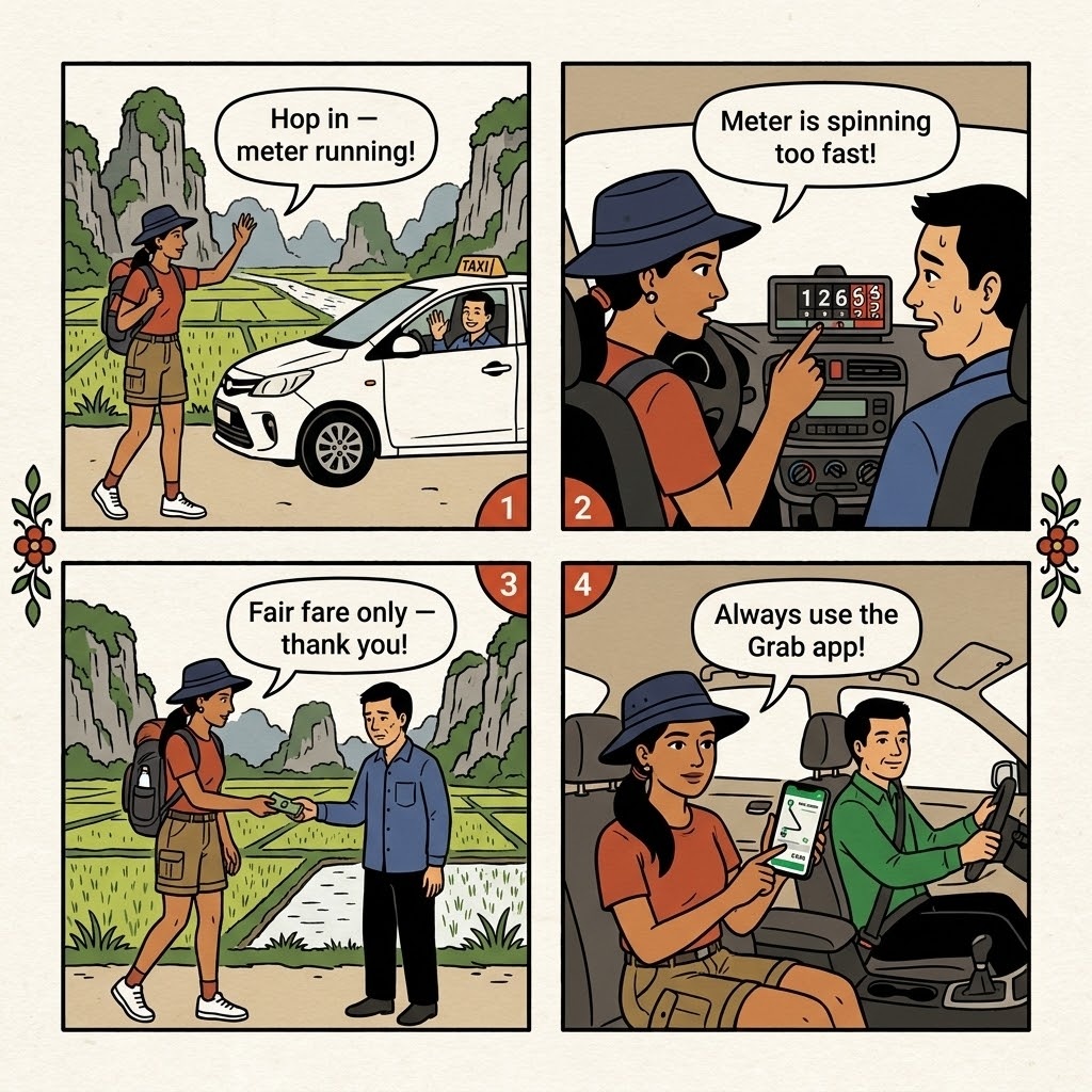 Ninh Binh Taxi / Grab Off-App Deals & Highway-Fee Overcharge — comic illustration