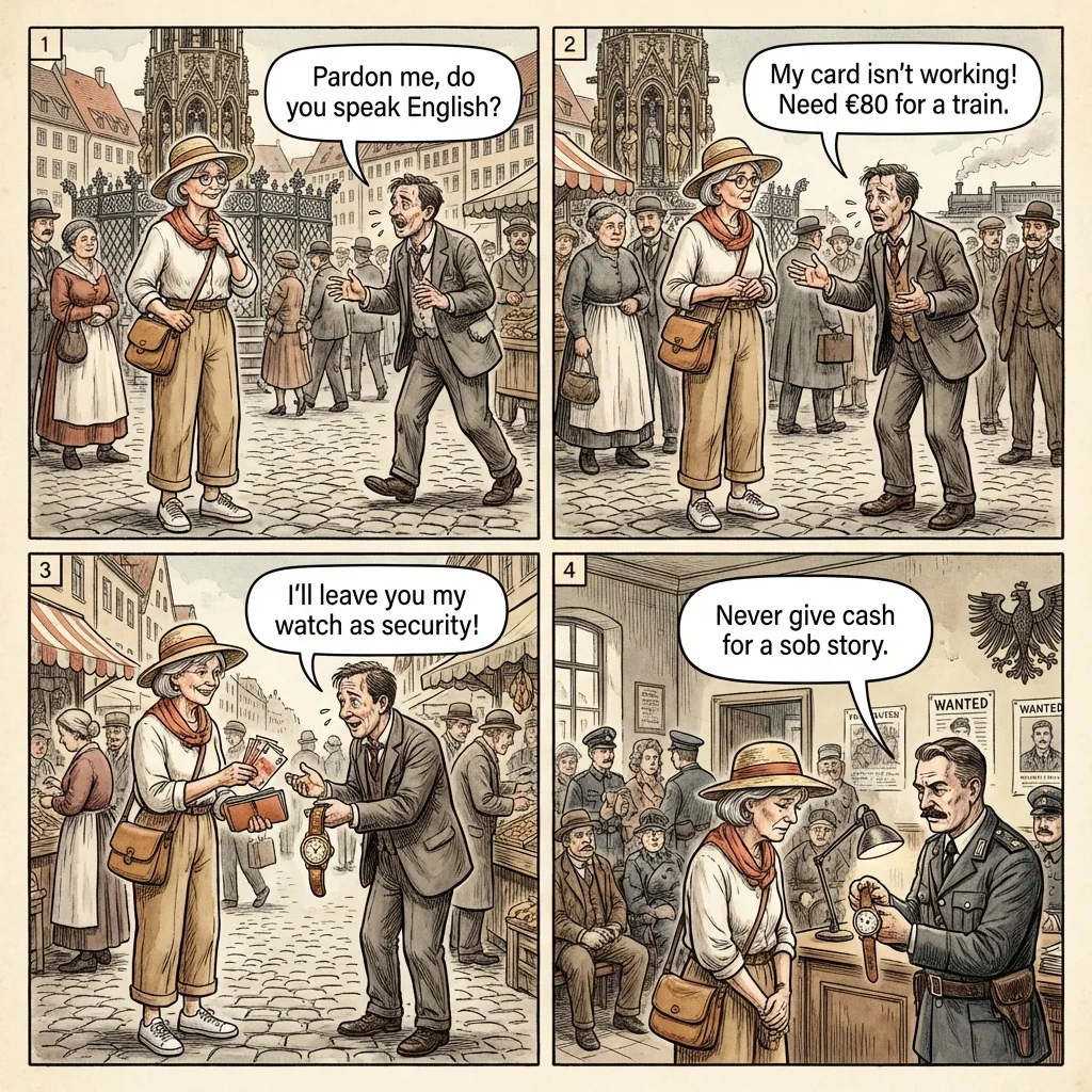 'British Credit Card Scammer' & Street-Help Sob Story — comic illustration