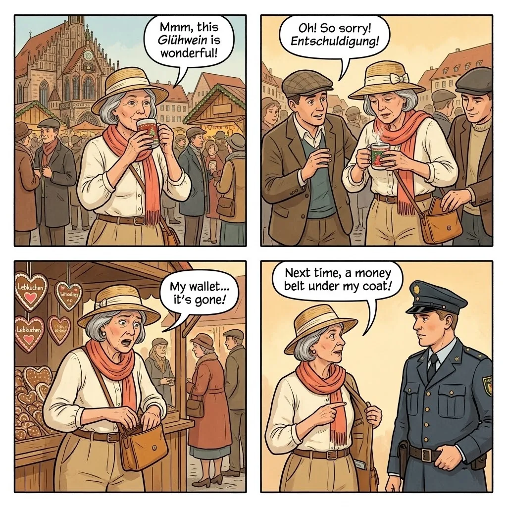 Christkindlesmarkt Pickpocket Ring & Crowd-Distraction Theft — comic illustration