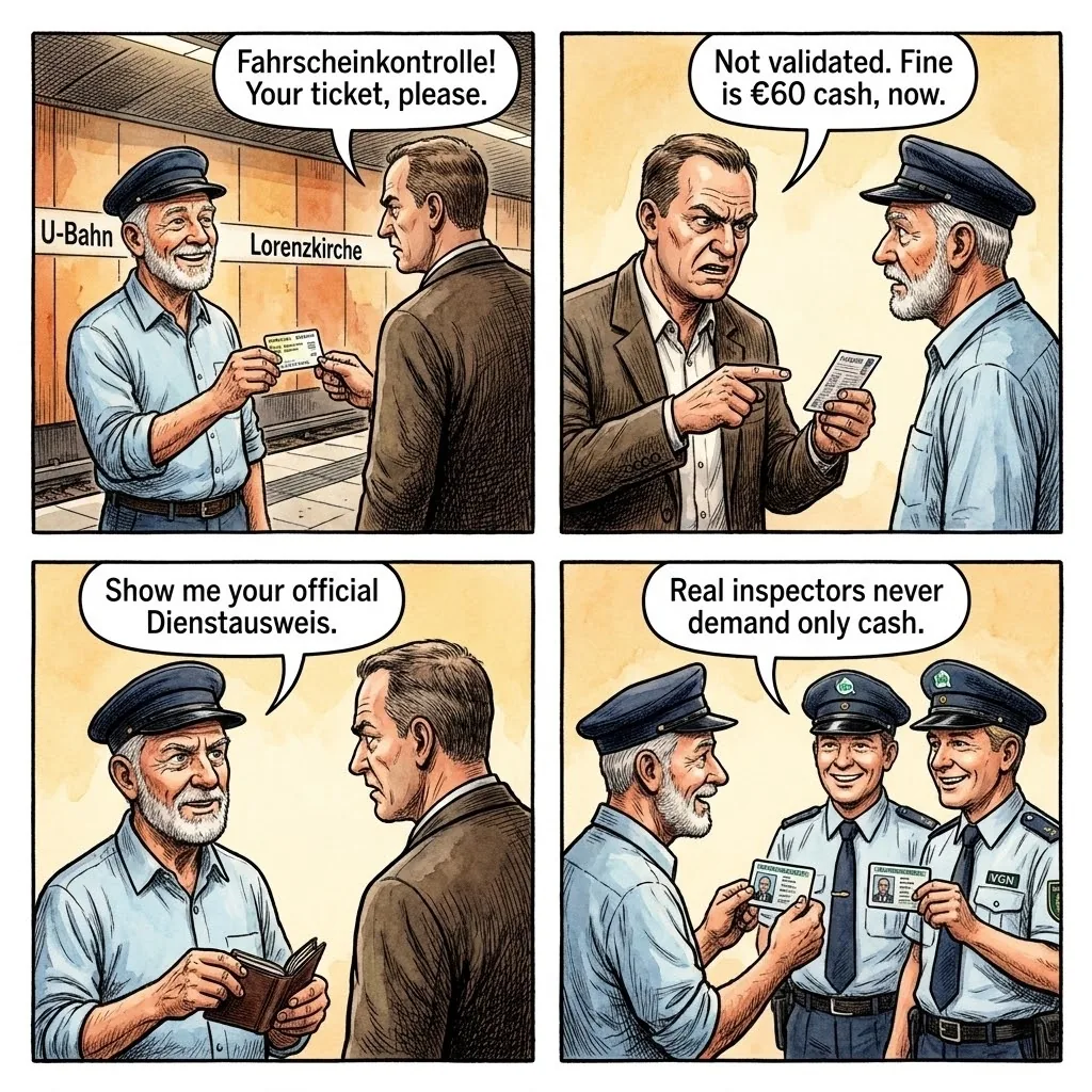 Fake VGN Ticket Inspector & U-Bahn Cash-Fine Scam — comic illustration