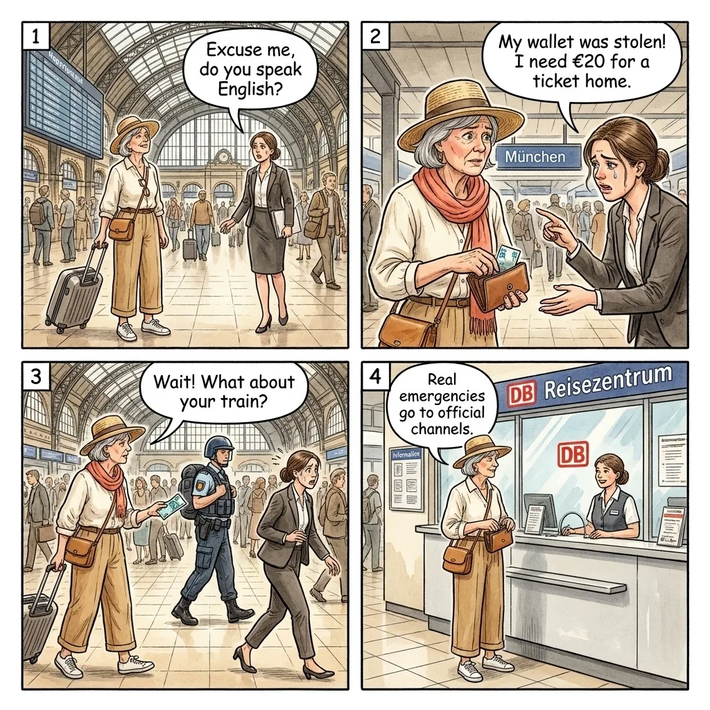 Nuremberg Hauptbahnhof Sob-Story & Approach Scams — comic illustration