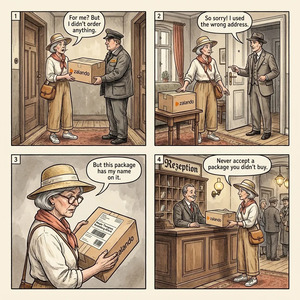 Nuremberg Zalando Gift Card & Package-Harvesting Identity Scam — comic illustration