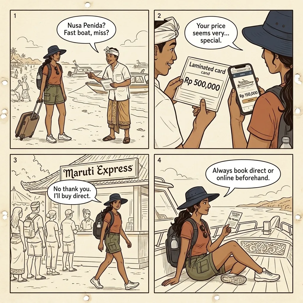 Sanur-Nusa Penida Fast Boat Ticket Overcharge & Fake-Operator Fraud — comic illustration