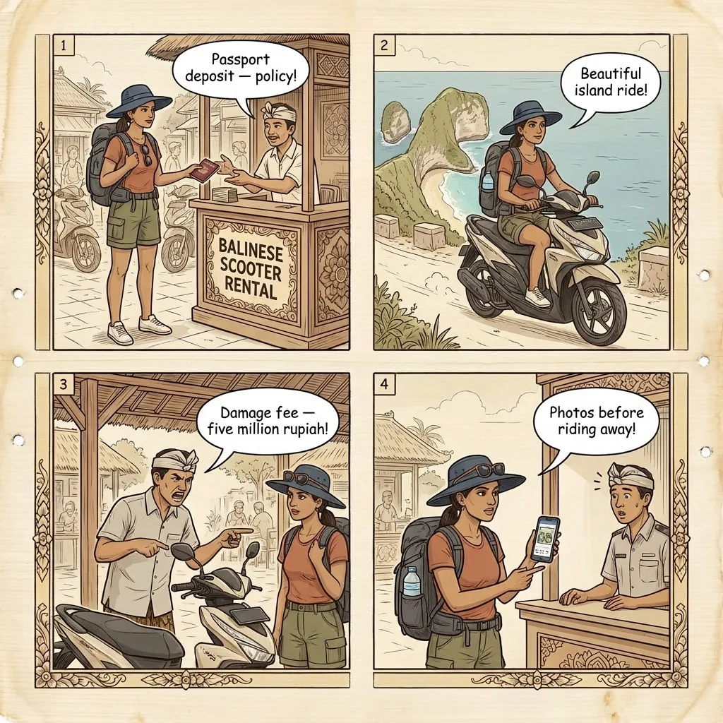 Nusa Penida Scooter Rental + Dangerous Road Conditions — comic illustration