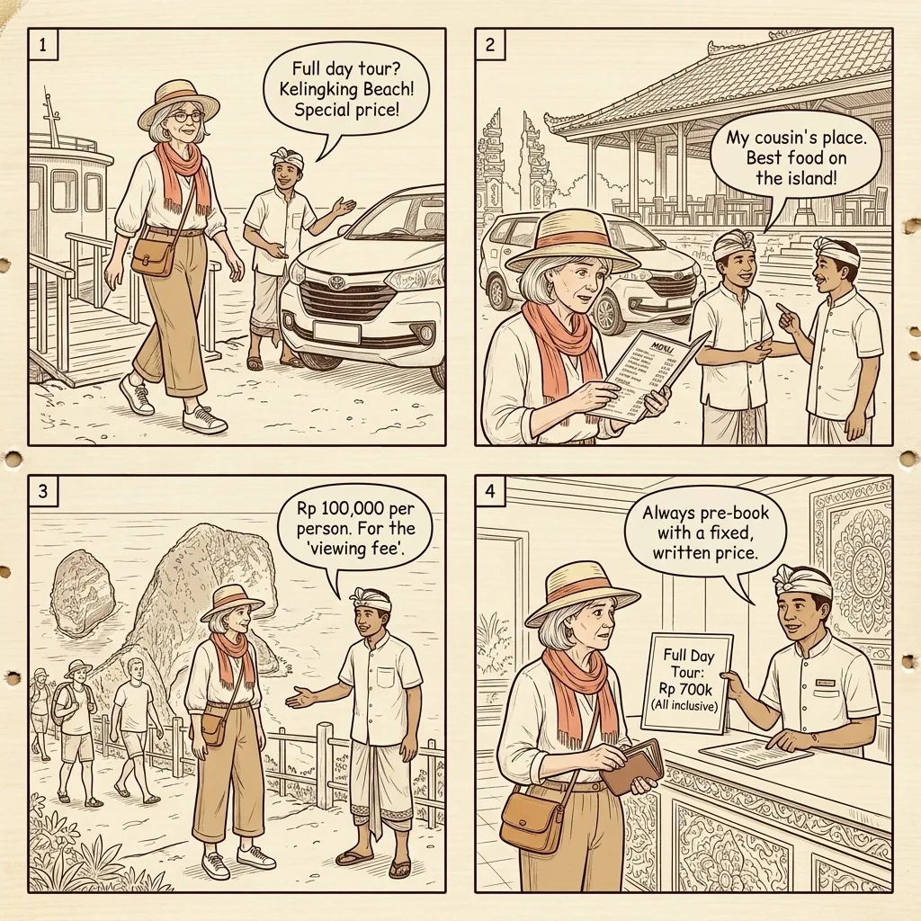 Full-Day Driver Tour Commission Stops & Kickback Upcharging — comic illustration