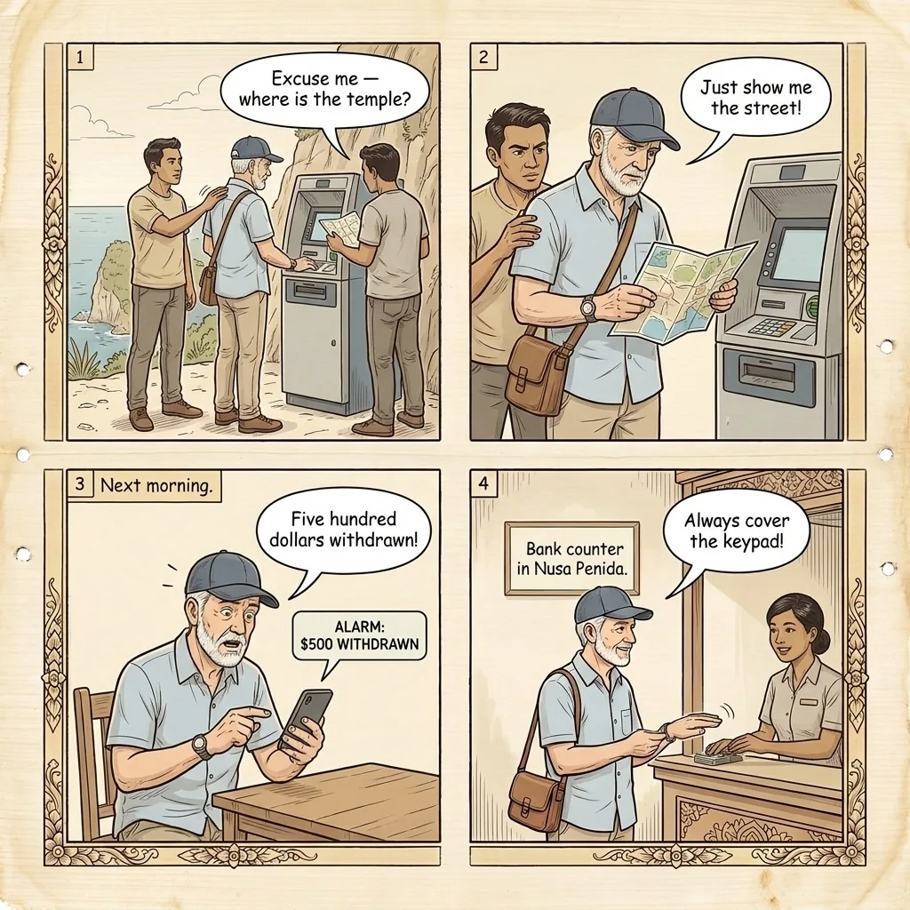 Nusa Penida ATM Scarcity & Hotel Cash-Exchange Padding — comic illustration