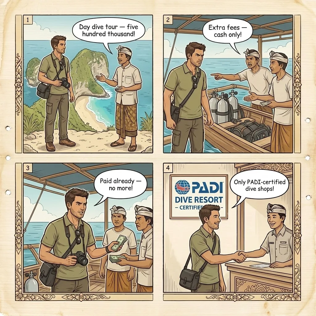 Nusa Penida Manta Point Snorkel Tour Unlicensed Boat Safety Scam — comic illustration