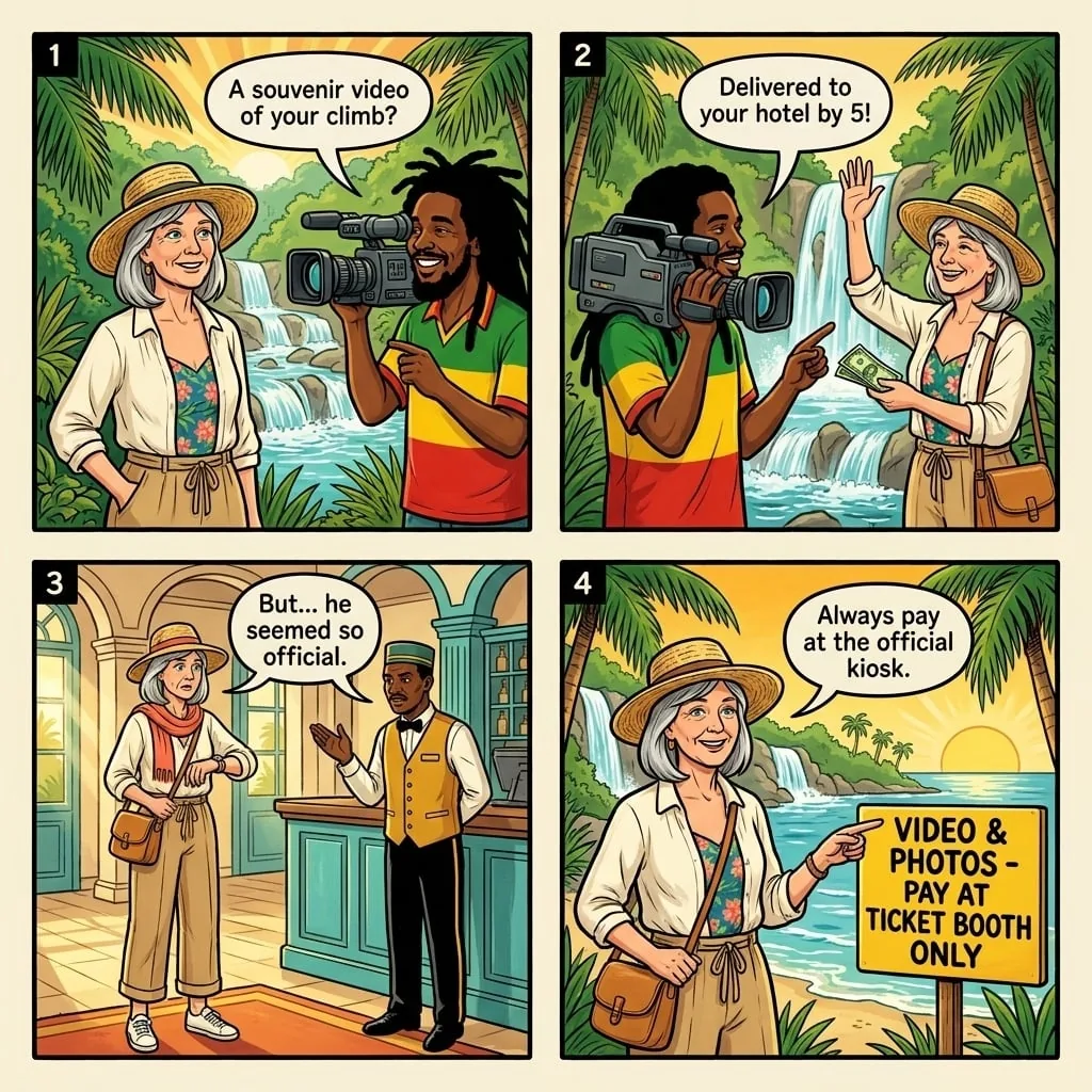 The Dunn's River Falls Video and Guide Scam — comic illustration
