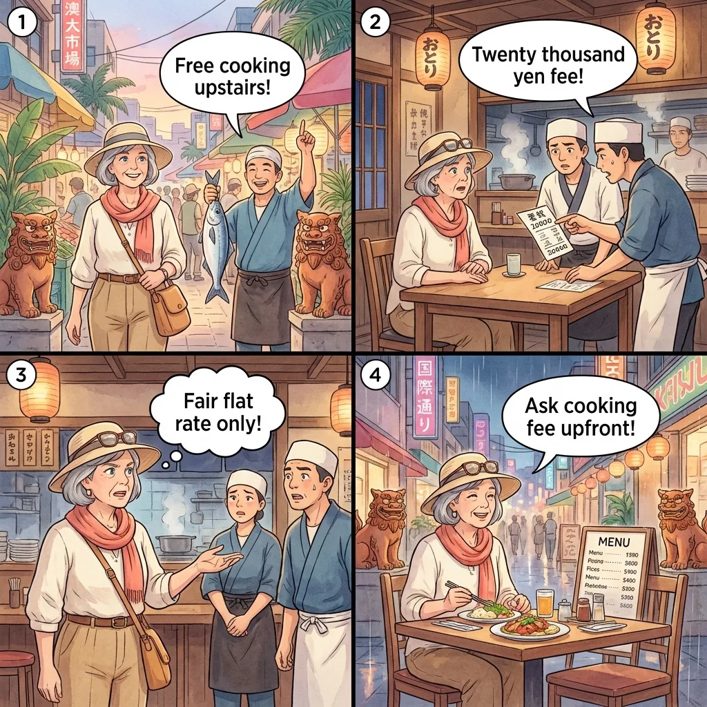 The Makishi Public Market Cooking-Fee Bait-and-Switch — comic illustration