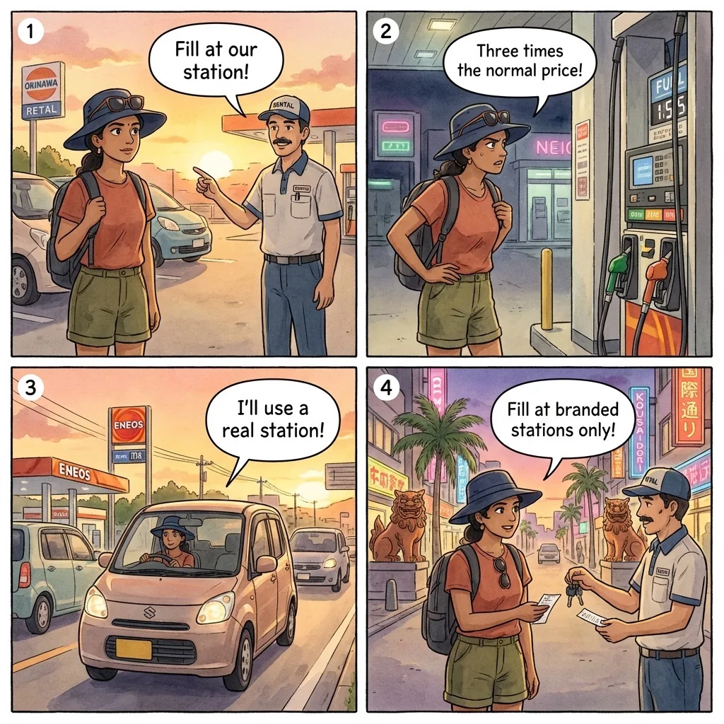 The Rental Car 'Neighbor Gas Station' Fuel Overcharge — comic illustration
