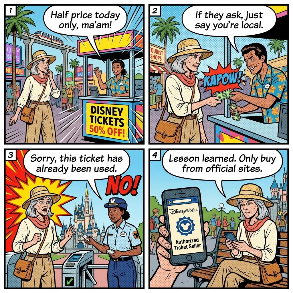 Fake Discount Theme Park Tickets — comic illustration