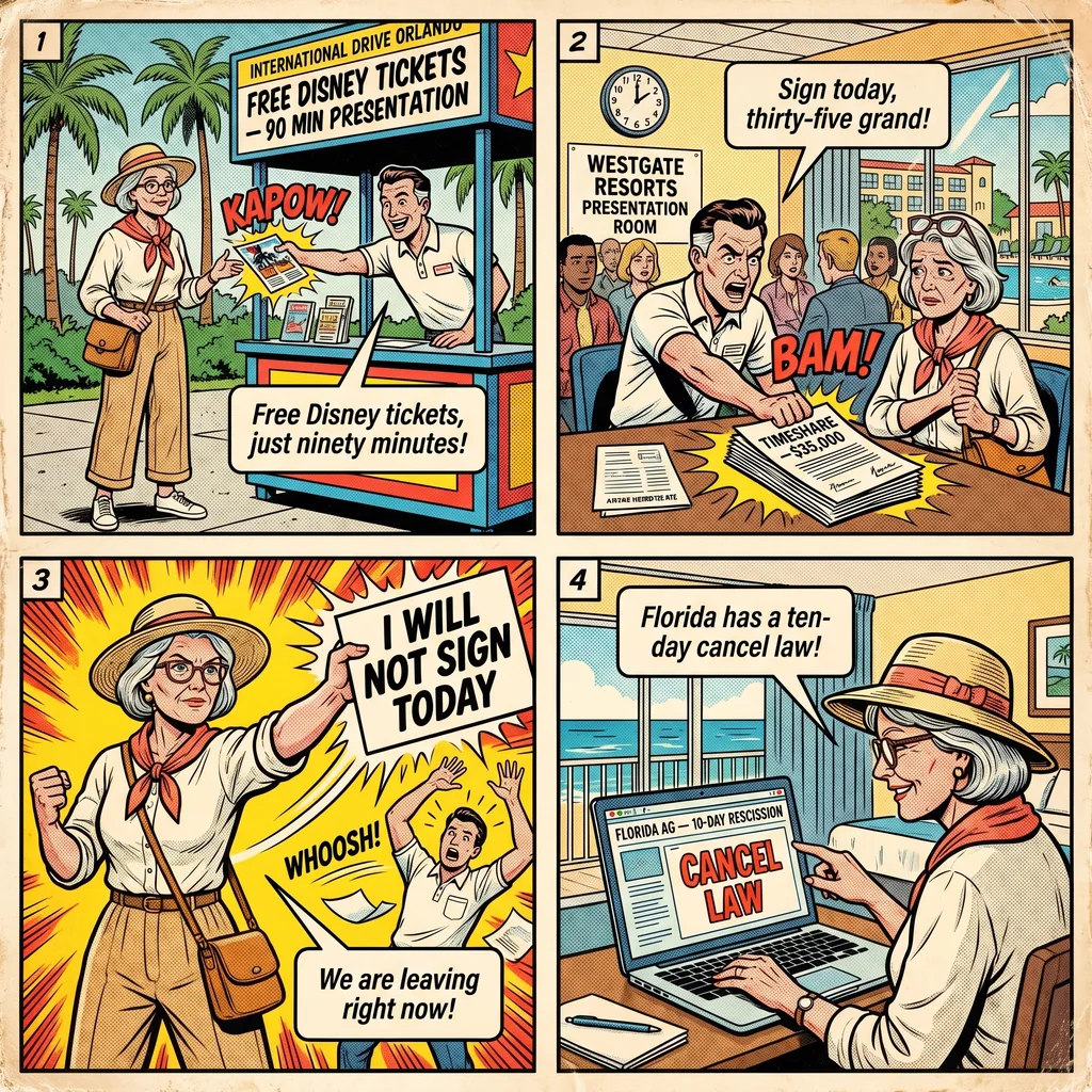 Timeshare Presentation Trap — comic illustration