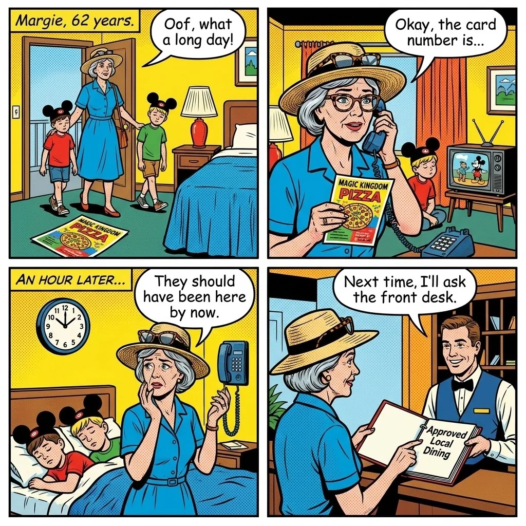 Pizza Flyer Credit Card Phishing — comic illustration