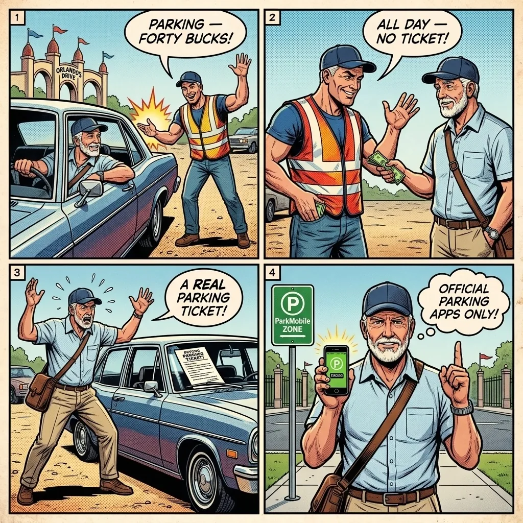 Parking Lot Grifters and Ticket Scalpers — comic illustration