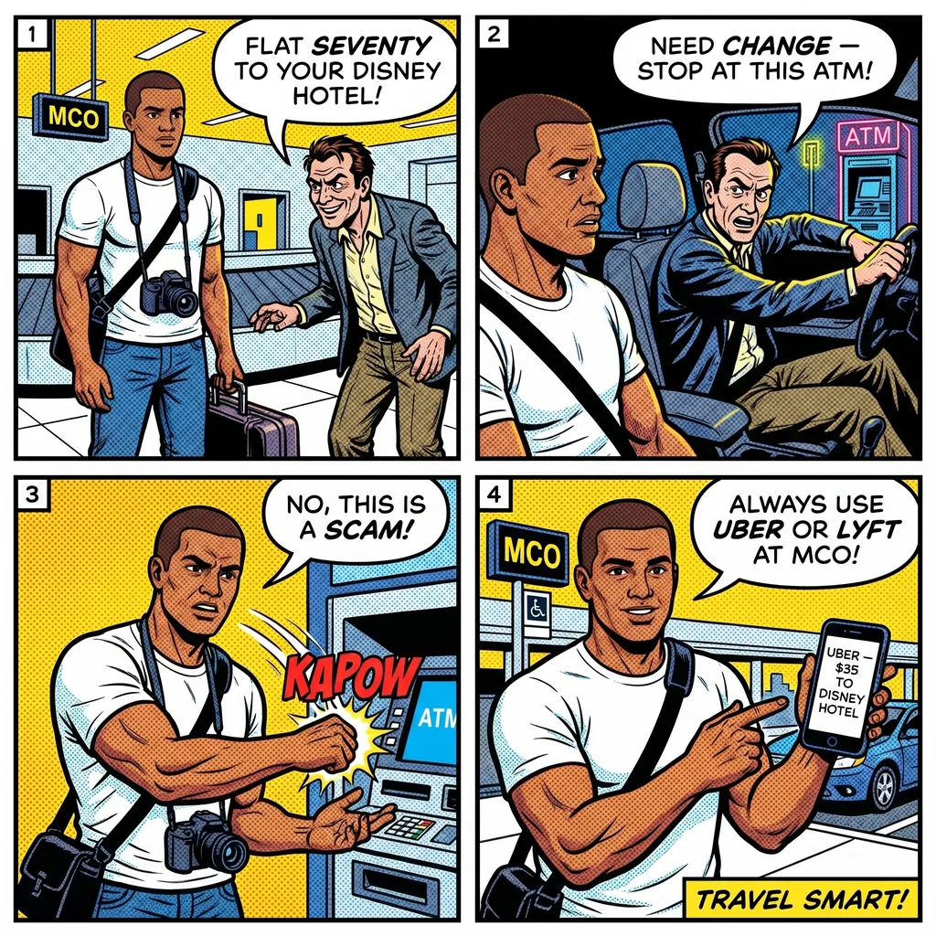 Fake Rideshare and Airport Shuttle — comic illustration