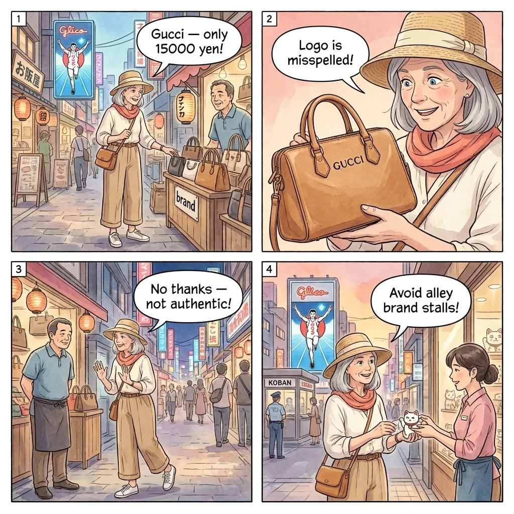 Counterfeit Brand Goods in Shinsaibashi — comic illustration