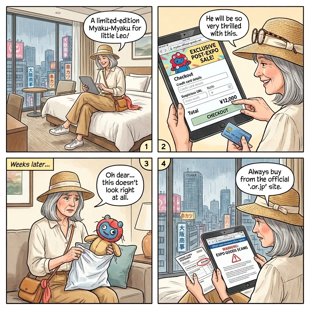 The Post-Expo 2025 Ticket and Myaku-Myaku Merchandise Fraud — comic illustration