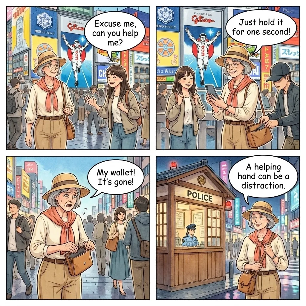The Dotonbori Pickpocket and Phone-Hold Distraction — comic illustration