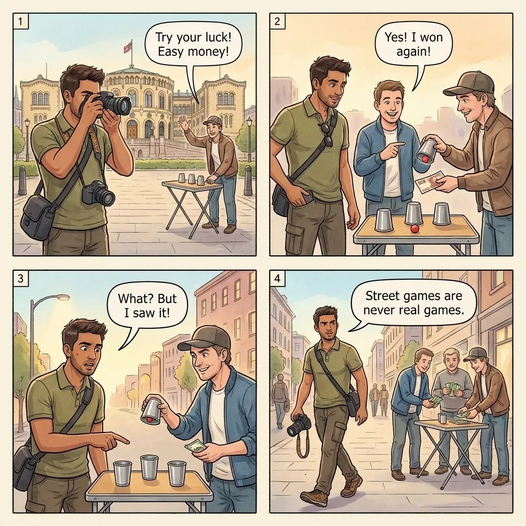 The Karl Johans Gate Street Hustle — comic illustration