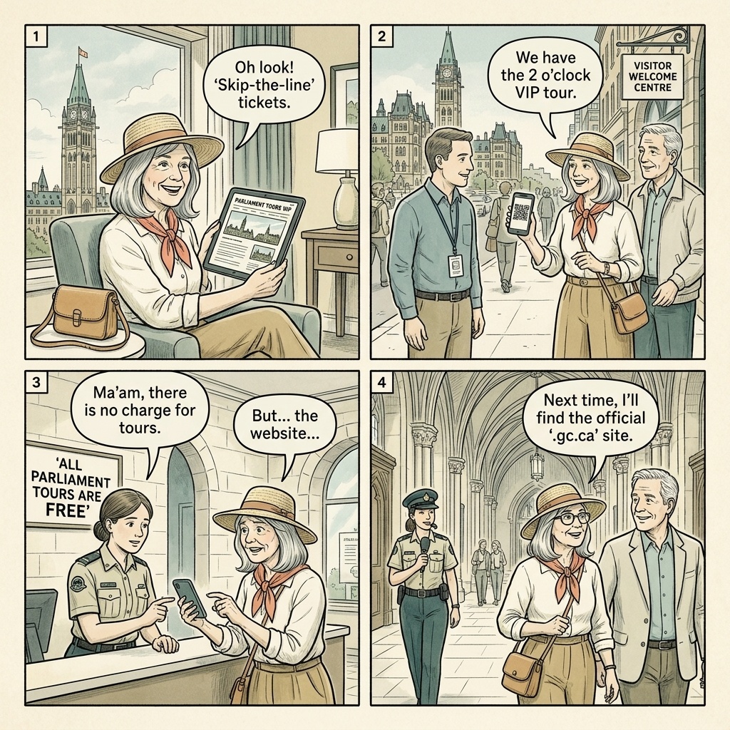 Fake Parliament Tour Reseller — Real Tours Are FREE — comic illustration