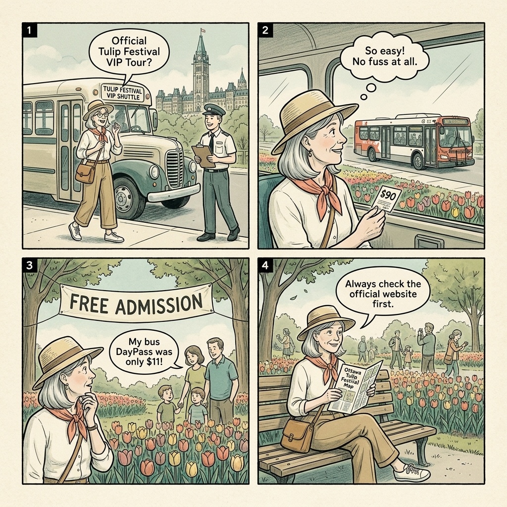 Ottawa Tulip Festival Vendor & Bus Tour Markup Fraud — comic illustration