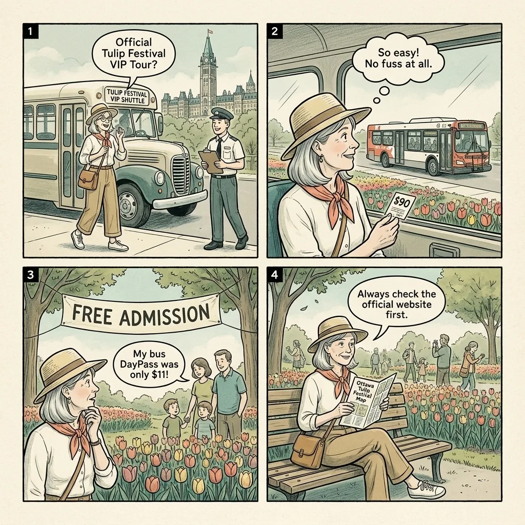 Ottawa Tulip Festival Vendor & Bus Tour Markup Fraud — comic illustration