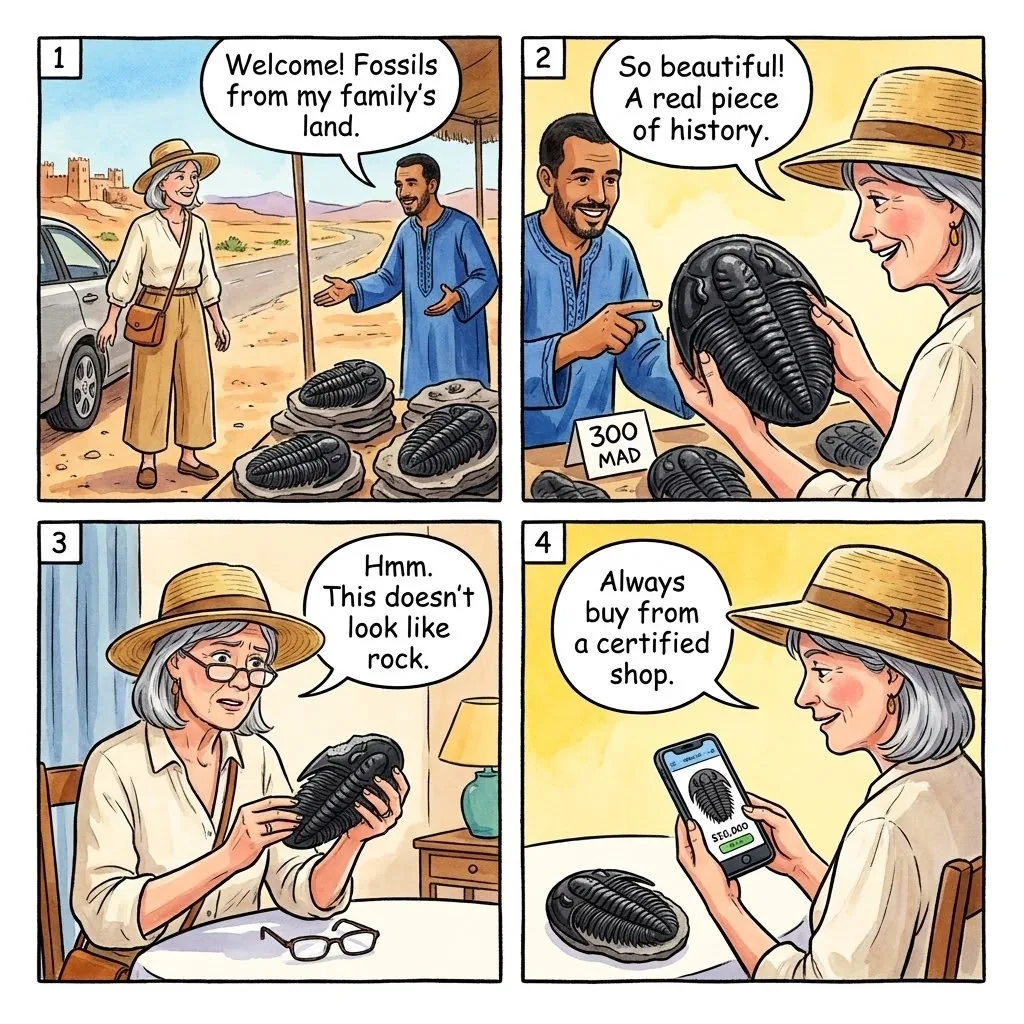 The Erfoud Road Trilobite Racket — comic illustration