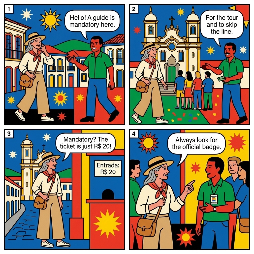 Ouro Preto Centro Histórico 'Mandatory Guide' & Church-Entry 'Skip-the-Line' Scam — comic illustration