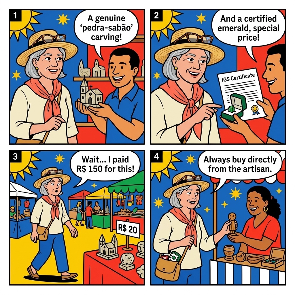 Soapstone & Gemstone ('Pedra-Sabão' & Emerald) Tourist-Shop Overcharge + Counterfeit Risk — comic illustration