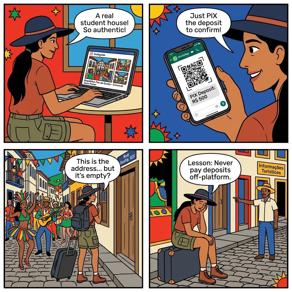 Ouro Preto Carnaval Repúblicas Booking Fraud & Peak-Date Accommodation Scams — comic illustration