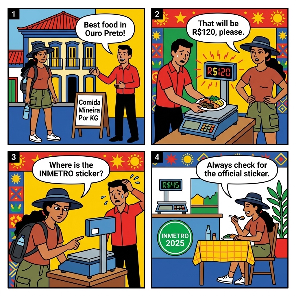 Ouro Preto Restaurant Couvert + Serviço Padding & 'Comida Mineira' Buffet Weighing Trap — comic illustration