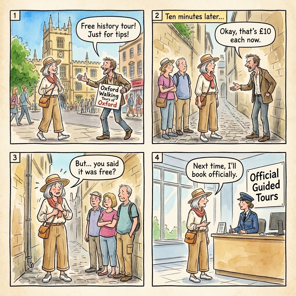 Unlicensed 'Oxford Walking Tours of Oxford' Operator Pressure-Selling — comic illustration