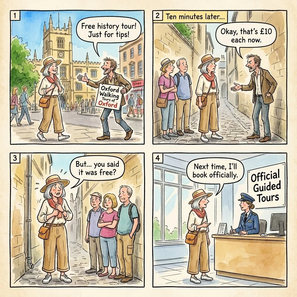 Unlicensed 'Oxford Walking Tours of Oxford' Operator Pressure-Selling — comic illustration