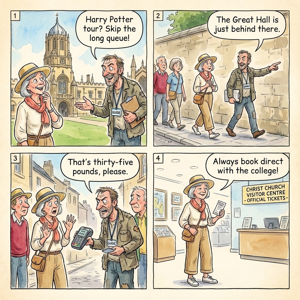 Christ Church Harry Potter / College Access Fake Tour Scam — comic illustration