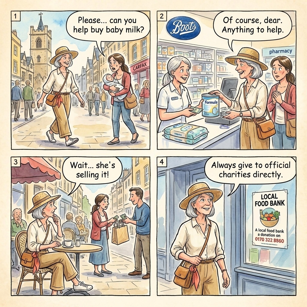 Cornmarket Street Baby-Milk / Petition Scammers — comic illustration