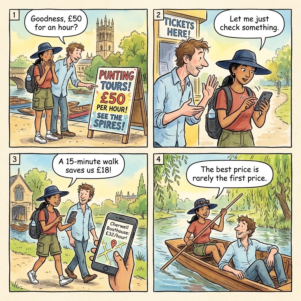 Magdalen Bridge Punting Price-Gouging vs Cherwell Boathouse — comic illustration