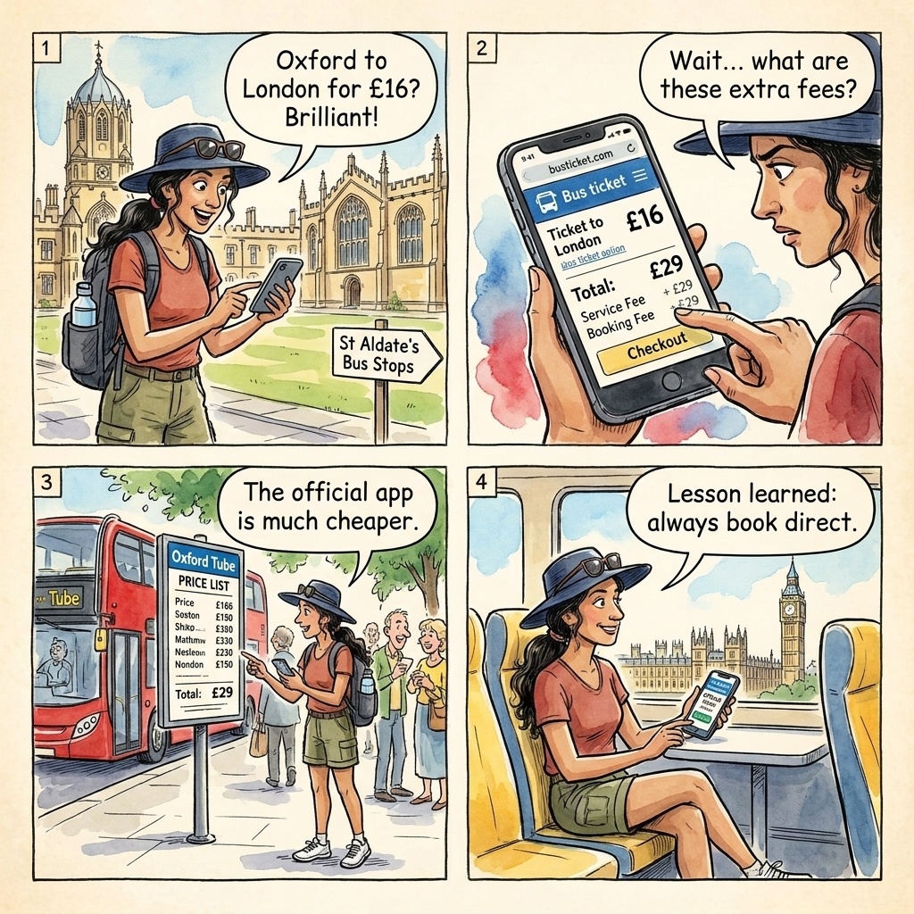 Oxford Tube / X90 Bus Ticket Reseller & Pricing Bait-and-Switch — comic illustration