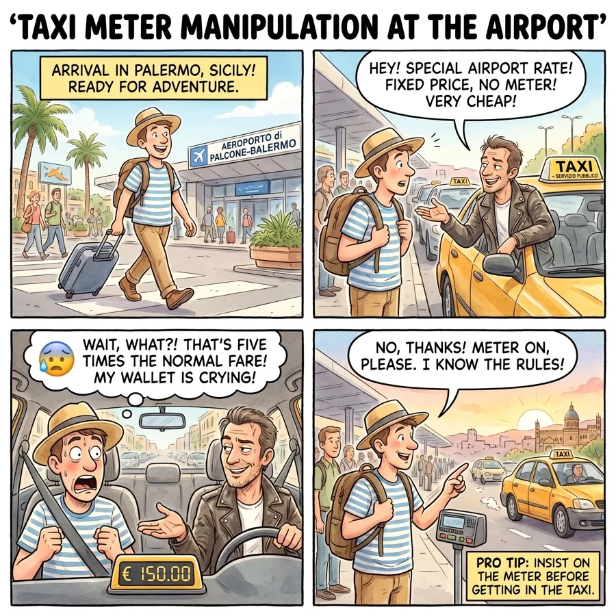 Taxi Meter Manipulation at the Airport — comic illustration